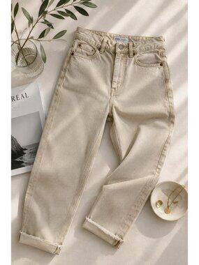 Zara Women Mom Jeans Size 2 Beige High Rise Tapered Leg 100% Cotton Denim